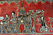 Glass mosaics depicting Buddhist stories lining walls around stupa in Shwe Yaunghwe Kyaung. Buddhist monastery, near Inle Lake. Myanmar.